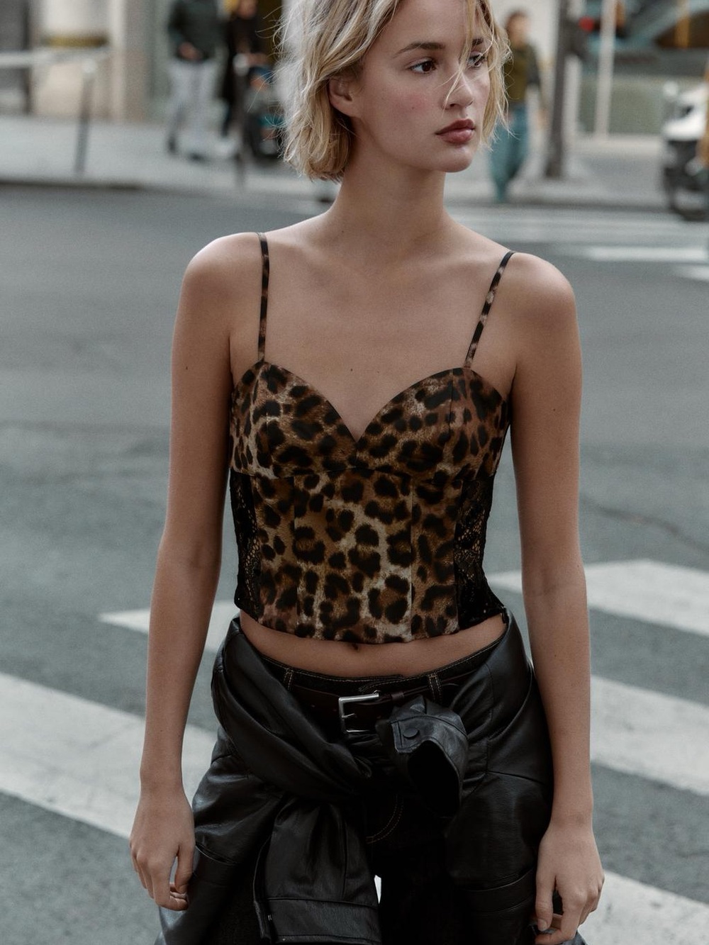ZARA Animal Print Lace-Panel Cami Bustier Top - L NWT
